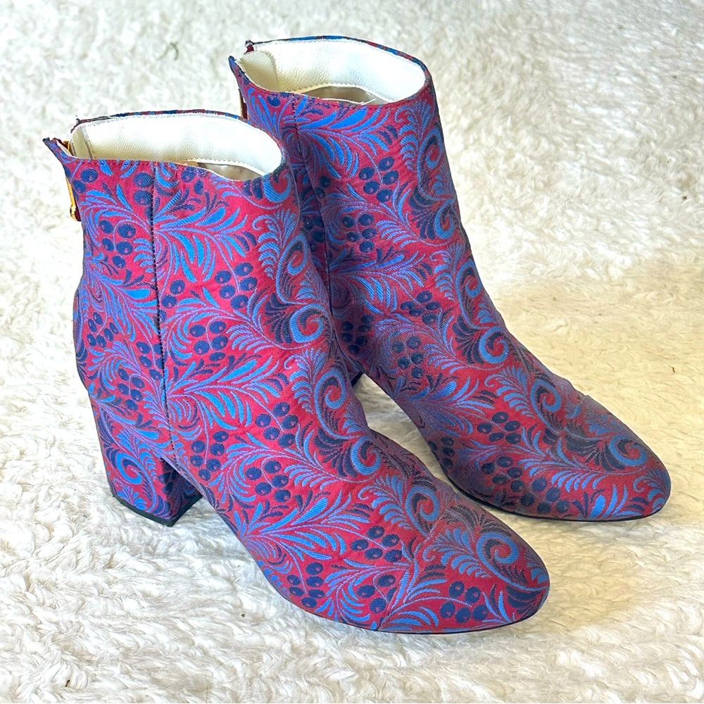 1901 Chunky Floral Brocade Patterned Ankle Boots - Red and Blue 7.5 - Picture 1 of 10